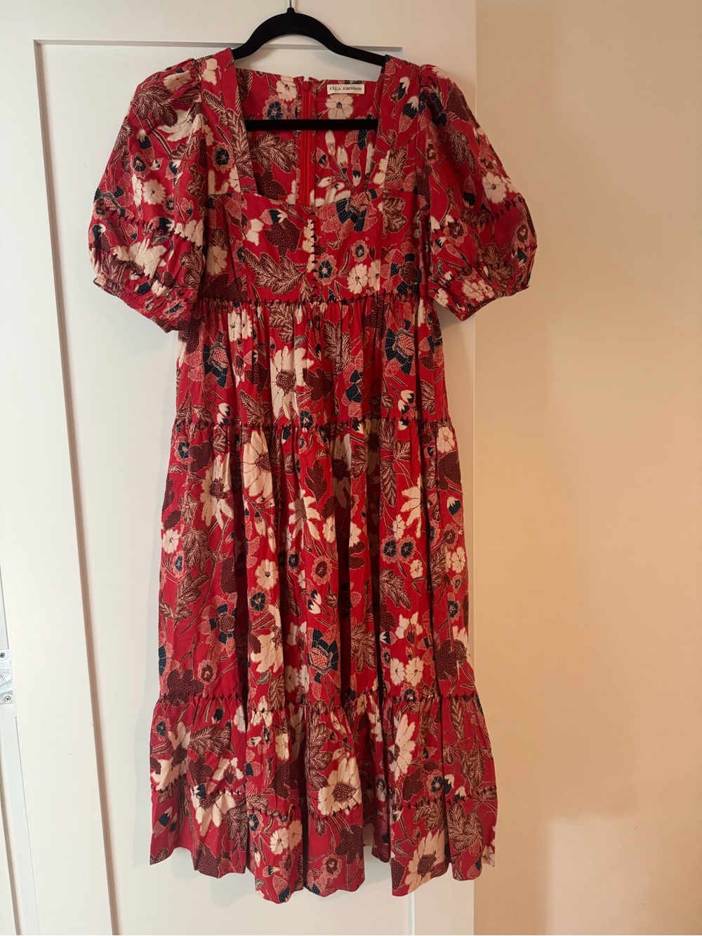 Ulla Johnson Red Floral Square-Neck Midi Dress